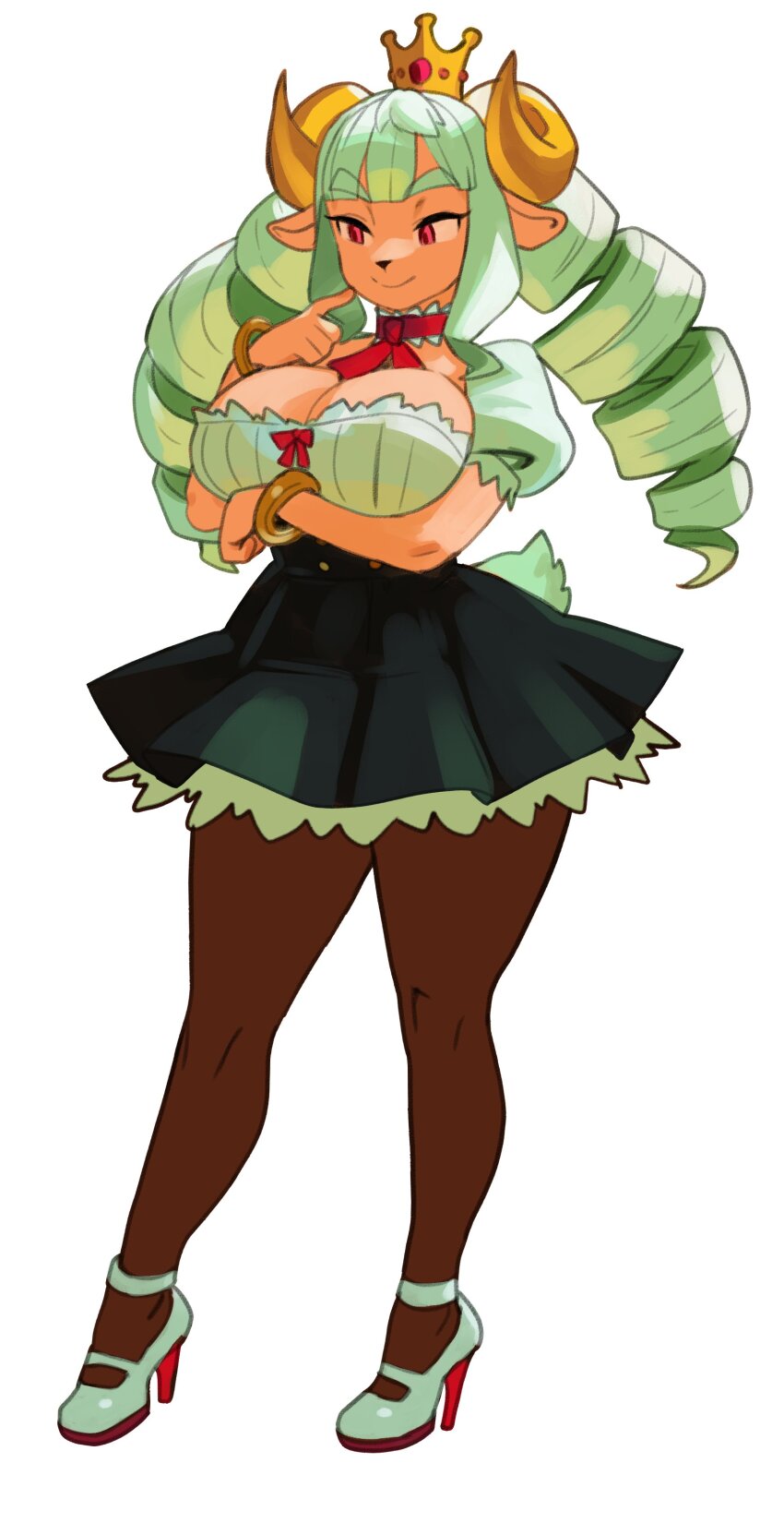 1girl absurdres amelia_von_moos animal_ears animal_nose arm_under_breasts bracelet choker commentary crown drill_hair english_commentary finger_to_cheek frilled_choker frills full_body furry furry_female goat_ears goat_girl goat_horns goat_tail gold_bracelet gold_crown gold_horns green_hair green_shirt green_skirt high-waist_skirt high_heels highres horns jeweled_crown jewelry long_hair low_neckline mini_crown original pantyhose princess puffy_short_sleeves puffy_sleeves red_choker red_eyes shirt shoes short_sleeves simple_background skirt smile solo standing tail thernz twin_drills white_background white_shoes