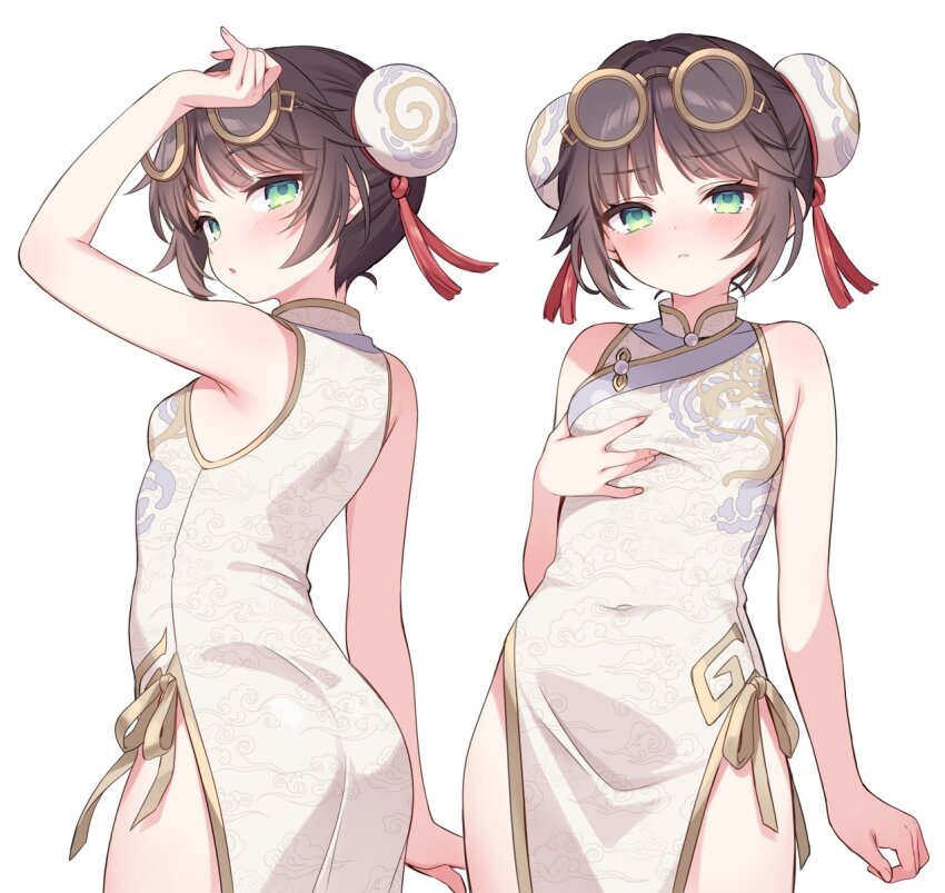 adapted_costume aqua_eyes arm_up armpit_crease armpits ass blush breasts brown_hair bun_cover china_dress chinese_clothes commentary contrapposto cowboy_shot double_bun dress eyewear_on_head gold_ribbon gold_trim grabbing_own_breast hair_bun highres identity_v looking_at_viewer mandarin_collar navel no_pants official_alternate_costume pomilkoic round_eyewear sidelocks small_breasts tassel tracy_reznik tracy_reznik_(dormant_koi) wispy_bangs