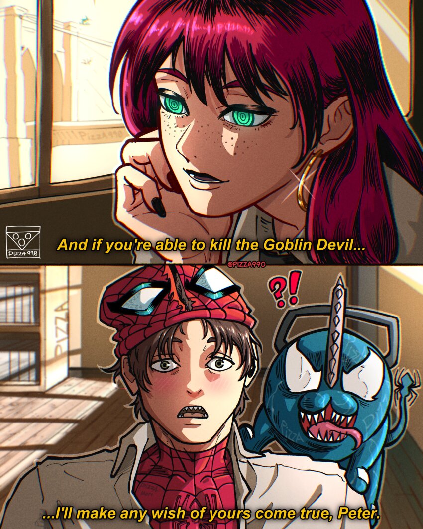 1boy absurdres animal_print artist_name black_nails blush brown_hair chainsaw chainsaw_man cosplay creature creature_on_shoulder earrings english_text freckles glint green_eyes hand_on_own_cheek hand_on_own_face highres hoop_earrings jewelry long_hair marvel mary_jane_watson mask mask_on_head on_shoulder open_mouth parody peter_parker pizza990 pochita_(chainsaw_man) pochita_(chainsaw_man)_(cosplay) red_hair short_hair spider-man spider-man_(series) spider_print spider_web_print superhero_costume symbiote tail talking tongue tongue_out torn_mask venom_(marvel) watermark window