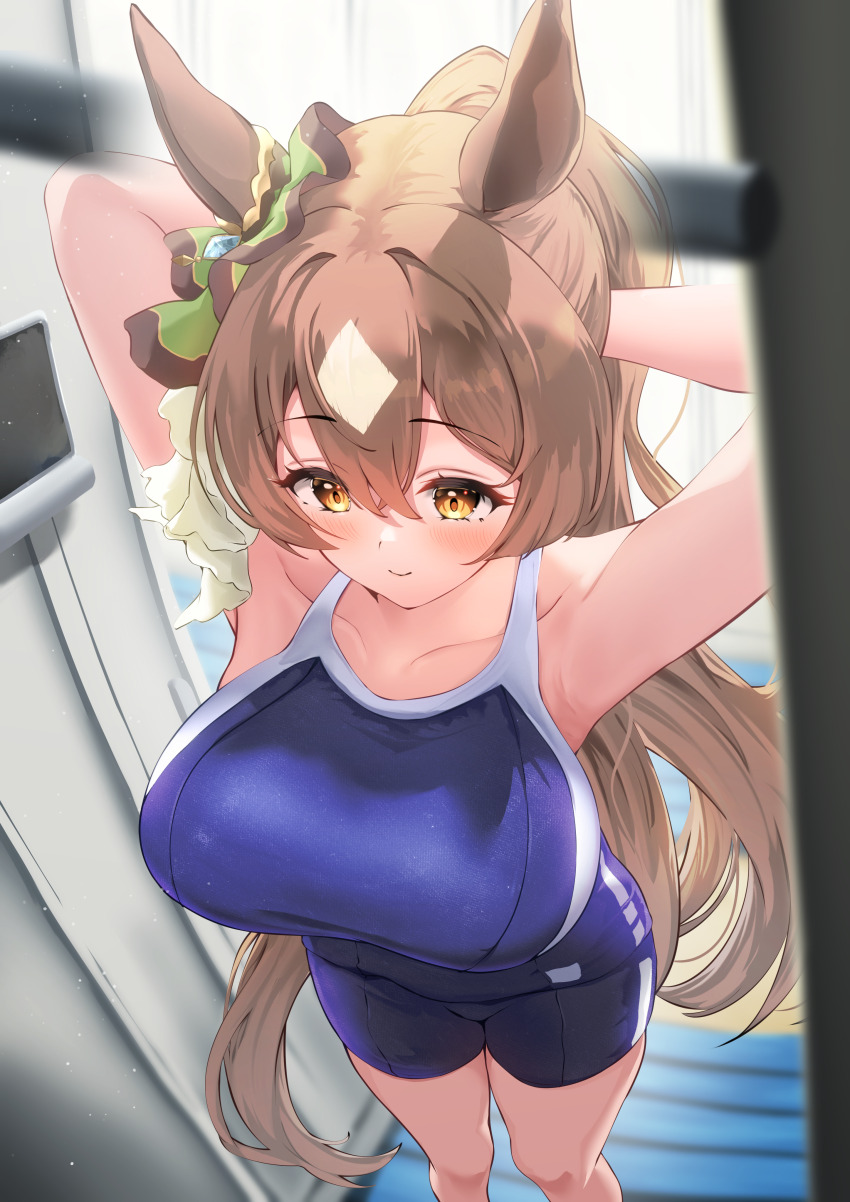 1girl absurdres animal_ears armpits arms_behind_head blue_one-piece_swimsuit blush breasts brown_eyes brown_hair closed_mouth commentary_request hair_between_eyes highres horse_ears horse_girl horse_tail large_breasts long_hair looking_at_viewer one-piece_swimsuit p1_fcoyaa ponytail satono_diamond_(umamusume) smile solo swimsuit tail umamusume