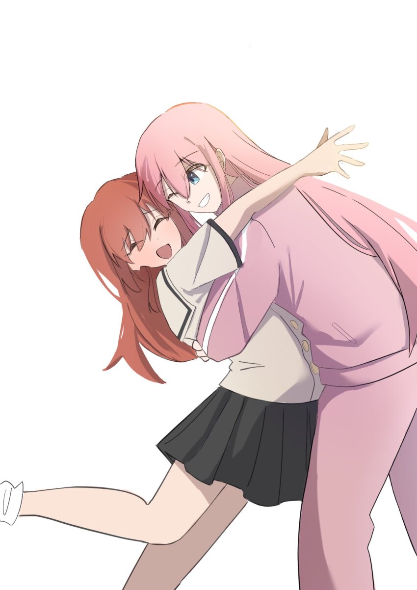 2girls blue_eyes bocchi_the_rock! c3444767 gotoh_hitori grey_skirt hashtag-only_commentary highres hug jacket kita_ikuyo long_hair multiple_girls one_eye_closed pants pink_hair pink_jacket pink_pants pink_track_suit red_hair school_uniform shuka_high_school_uniform side_ponytail simple_background skirt smile teeth track_suit white_background yuri