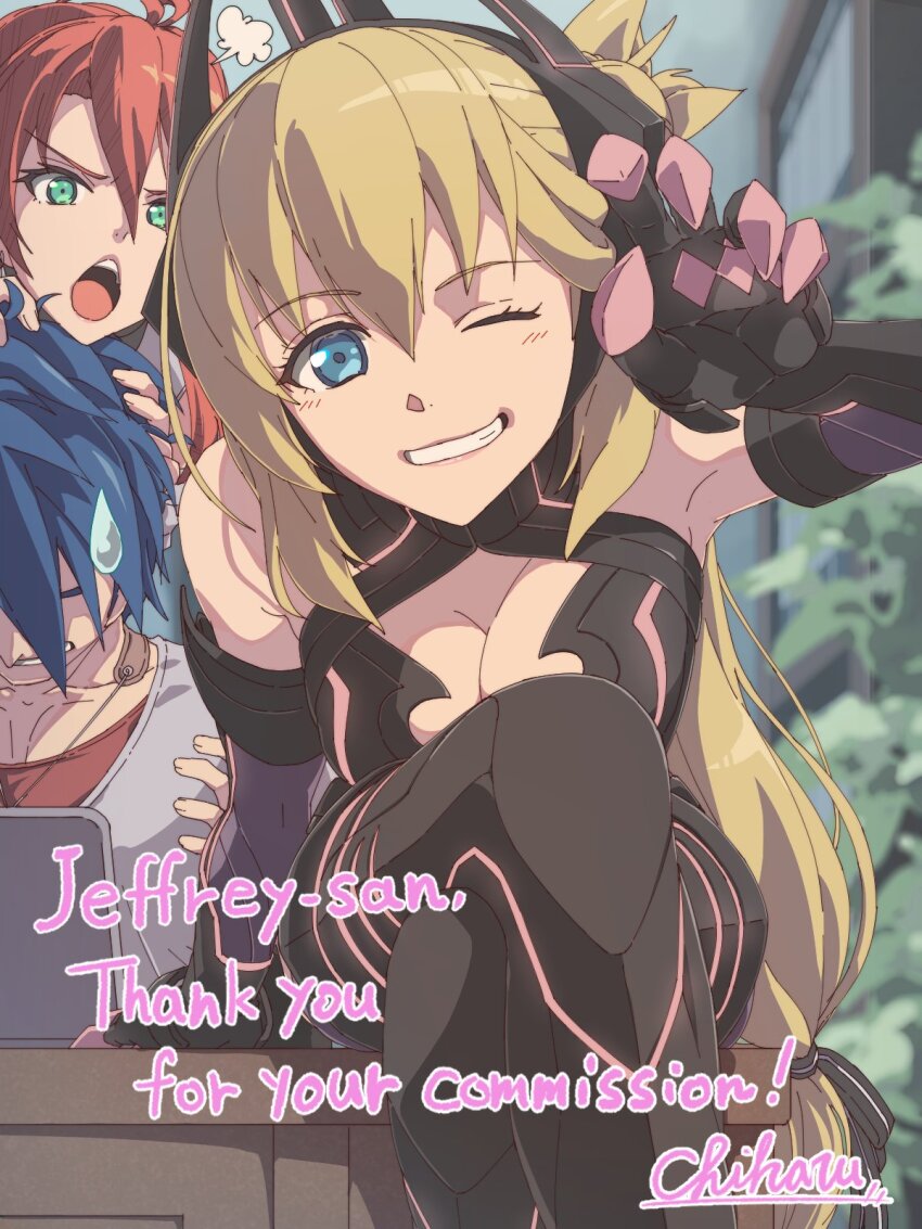 1boy 2girls :o agnes_claudel ahoge angry animal_ears artist_name black_bodysuit blonde_hair blue_eyes blue_hair blurry blurry_background bodysuit breasts chiharu_(9654784) claw_pose claws cleavage cleavage_cutout clothing_cutout collarbone commentary_request commission computer cosplay detached_sleeves double-parted_bangs eiyuu_densetsu english_text fake_animal_ears gloves green_eyes grimcats_(eiyuu_densetsu) grin hair_between_eyes hair_bun highres judith_lanster kuro_no_kiseki kuro_no_kiseki_(series) kuro_no_kiseki_ii laptop large_breasts latex latex_bodysuit long_hair looking_at_viewer low-tied_long_hair mixed-language_commentary multiple_girls one_eye_closed open_mouth parted_lips red_hair second-party_source single_side_bun sitting skeb_commission skin_tight smile sweatdrop table van_arkride