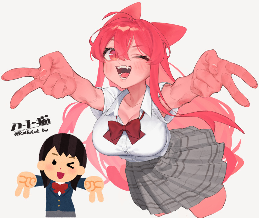 1girl absurdres animal_ears bow bowtie breasts cat_ears cat_girl cleavage collared_shirt colored_skin commentary cropped_legs double_v fangs gyaru_v highres irasutoya irasutoya_challenge knifecat large_breasts one_eye_closed open_mouth original pink_eyes pink_skin pleated_skirt reference_inset school_uniform shirt short_sleeves skirt slit_pupils smile symbol-only_commentary v