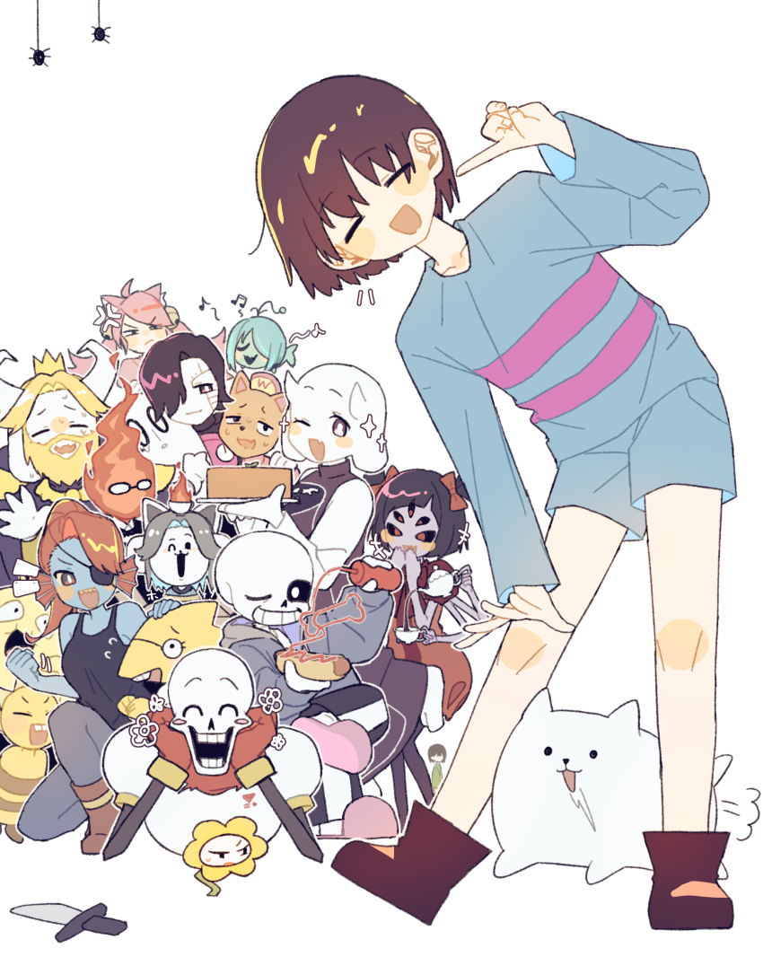 2others 5boys 6+girls ^_^ absurdres alphys anger_vein animal annoying_dog arthropod_girl asgore_dreemurr blonde_hair blue_shorts blue_skin boots bow breasts brown_hair bug burgerpants chara_(undertale) closed_eyes colored_skin commentary_request crown dog eyepatch fish_girl flower_symbol flowey_(undertale) frisk_(undertale) furry furry_female furry_male glasses grillby grin hair_bow highres horns hot_dog insect_girl long_sleeves mad_mew_mew mettaton mettaton_ex monster_kid_(undertale) muffet multiple_boys multiple_girls multiple_others musical_note nandaka_0103 napstablook one_eye_closed onionsan opaque_glasses open_mouth pants papyrus_(undertale) pink_hair puff_of_air red_bow red_hair sans_(undertale) short_hair shorts shyren simple_background smile spider spider_girl striped_clothes striped_sweater sweater tank_top temmie toriel undertale undyne utdr_(toby_fox) white_background
