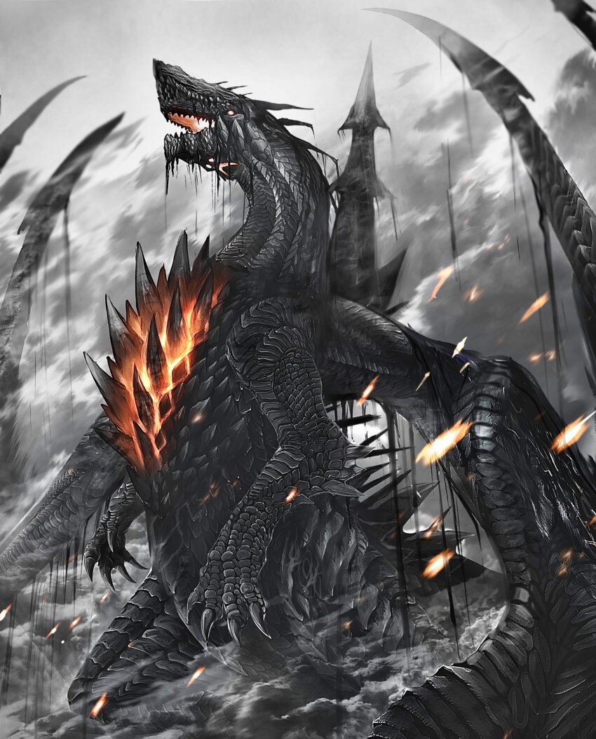 absurdres black_scales chest_spike claws cloud cloudy_sky commentary embers extra_arms feet_out_of_frame glowing glowing_chest glowing_eyes glowing_mouth gogmazios harpoon highres horns looking_ahead monster monster_focus monster_hunter_(series) no_humans nutuki open_mouth outdoors sharp_teeth single_horn sky smoke spikes standing tar teeth weapon weapon_on_back wet winged_arms wings