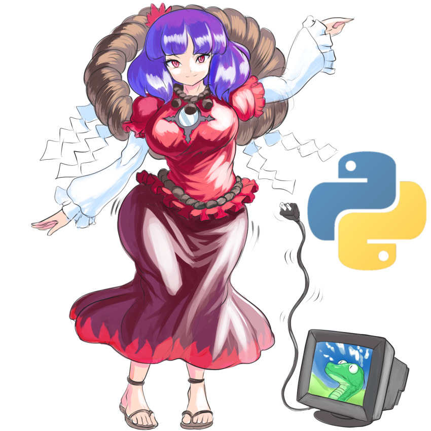 1girl cable closed_mouth crt electric_plug frilled_shirt frilled_sleeves frills full_body highres layered_sleeves long_skirt long_sleeves looking_at_viewer mirror monitor no_socks profitwalrus puffy_long_sleeves puffy_sleeves python_(programming_language) red_shirt red_skirt rope sandals shide shimenawa shirt short_over_long_sleeves short_sleeves simple_background skirt smile solo touhou white_background white_shirt yasaka_kanako zouri