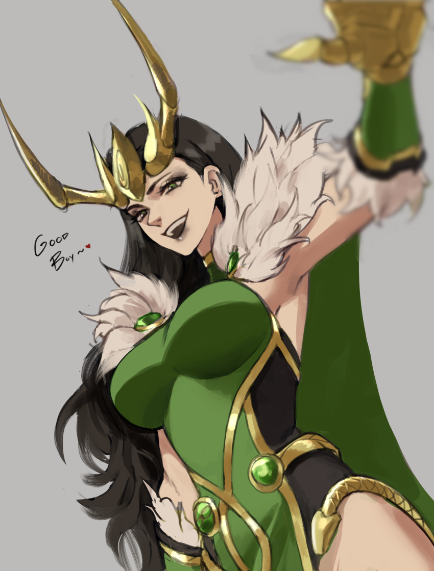 1girl absurdres armor black_hair black_lips cape commentary english_commentary fake_horns gold_gauntlets gold_gloves gold_headwear gold_helmet green_armor green_cape green_eyes headpat heart highres horned_headwear horned_tiara horns lady_loki long_hair looking_at_viewer marvel marvel_rivals pov simple_background sketch smile solo teeth tiara tommy_(kingdukeee) upper_teeth_only white_background