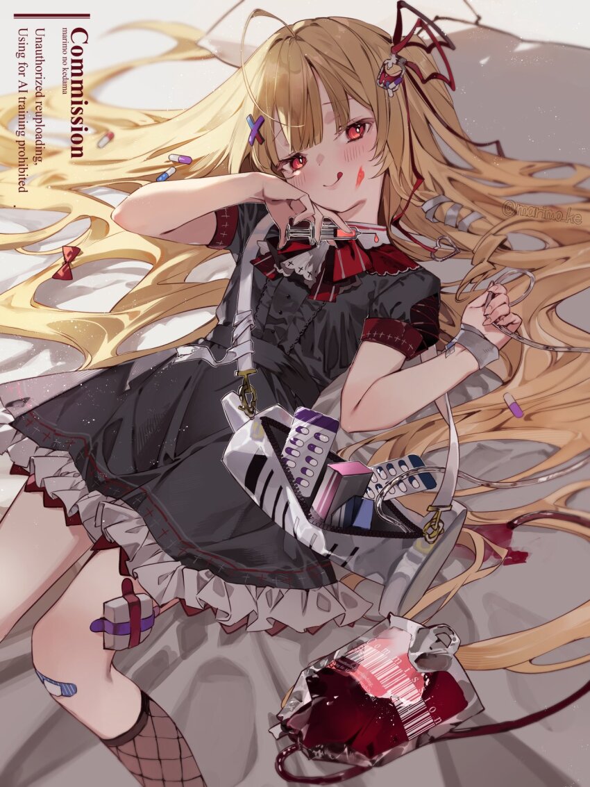 1girl bag bandaid bandaid_on_leg black_dress blonde_hair blood blood_bag commentary_request commission dress drugs frilled_dress frills gauze_on_thigh hair_ornament hair_spread_out highres holding holding_syringe indie_virtual_youtuber intravenous_drip licking_lips long_hair looking_at_viewer lying marimo_ke on_back open_bag pill red_eyes short_sleeves shoulder_bag skeb_commission smile snzkuo_(vtuber) solo syringe tongue tongue_out very_long_hair virtual_youtuber x_hair_ornament