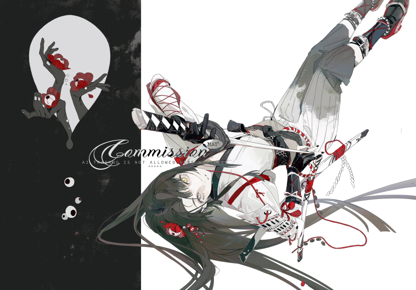 1girl absurdres black_gloves black_nails brown_hair commission eyeball eyelashes fingerless_gloves fingernails gloves hai_yexing_ren hair_ornament highres holding holding_sword holding_weapon legs_up long_hair long_sleeves looking_at_viewer mihuashi_commission nail_polish original pants parted_lips sandals socks solo sword watermark weapon yellow_eyes