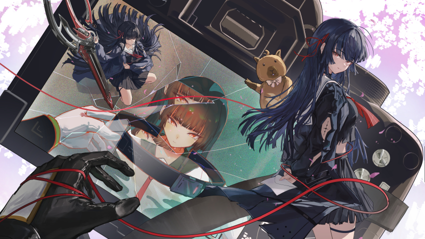 1girl absurdres arm_cutout black_gloves black_hair black_jacket black_shirt black_skirt breasts broken_glass camera chisa_(wuthering_waves) closed_mouth clothing_cutout commentary_request different_reflection glass gloves hair_ribbon highres jacket long_hair long_sleeves looking_at_viewer male_rover_(wuthering_waves) medium_breasts multiple_views namipon_(wuthering_waves) neckerchief red_eyes red_neckerchief red_ribbon reflection ribbon rover_(wuthering_waves) sailor_collar shirt shuiqimu skirt smile string string_of_fate sword tacet_mark_(wuthering_waves) thigh_strap weapon white_sailor_collar wuthering_waves