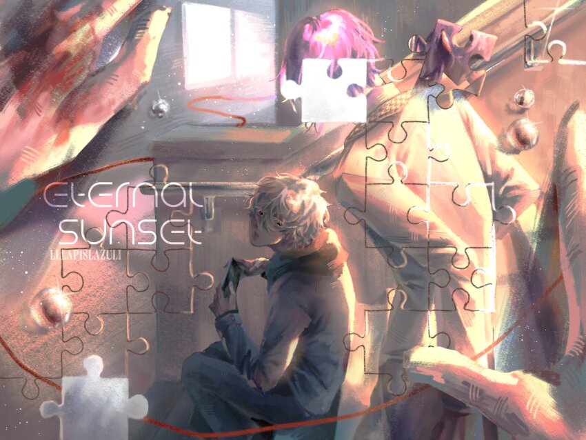 2boys blue_lock cellphone commentary from_behind hakuho_high_school_uniform highres lllap1slazuli looking_at_another mikage_reo multiple_boys nagi_seishirou phone purple_hair puzzle_piece school_uniform short_hair sitting sitting_on_stairs smartphone stairs string string_of_fate sunset symbol-only_commentary tears white_hair yaoi