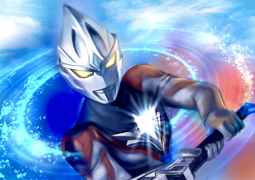 1boy absurdres alien arc_eye_sword black_skin blue_background blue_gem color_timer colored_skin commentary commentary_typo dorsal_fin forehead_jewel gem giant giant_male glint glowing glowing_eyes highres holding holding_sword holding_weapon light_particles looking_ahead male_focus multicolored_skin no_pupils pectorals red_skin silver_skin solo sword thomas_chan tokusatsu toned toned_male ultra_series ultraman_arc ultraman_arc_(series) upper_body weapon whirlwind wrinkled_skin yellow_eyes