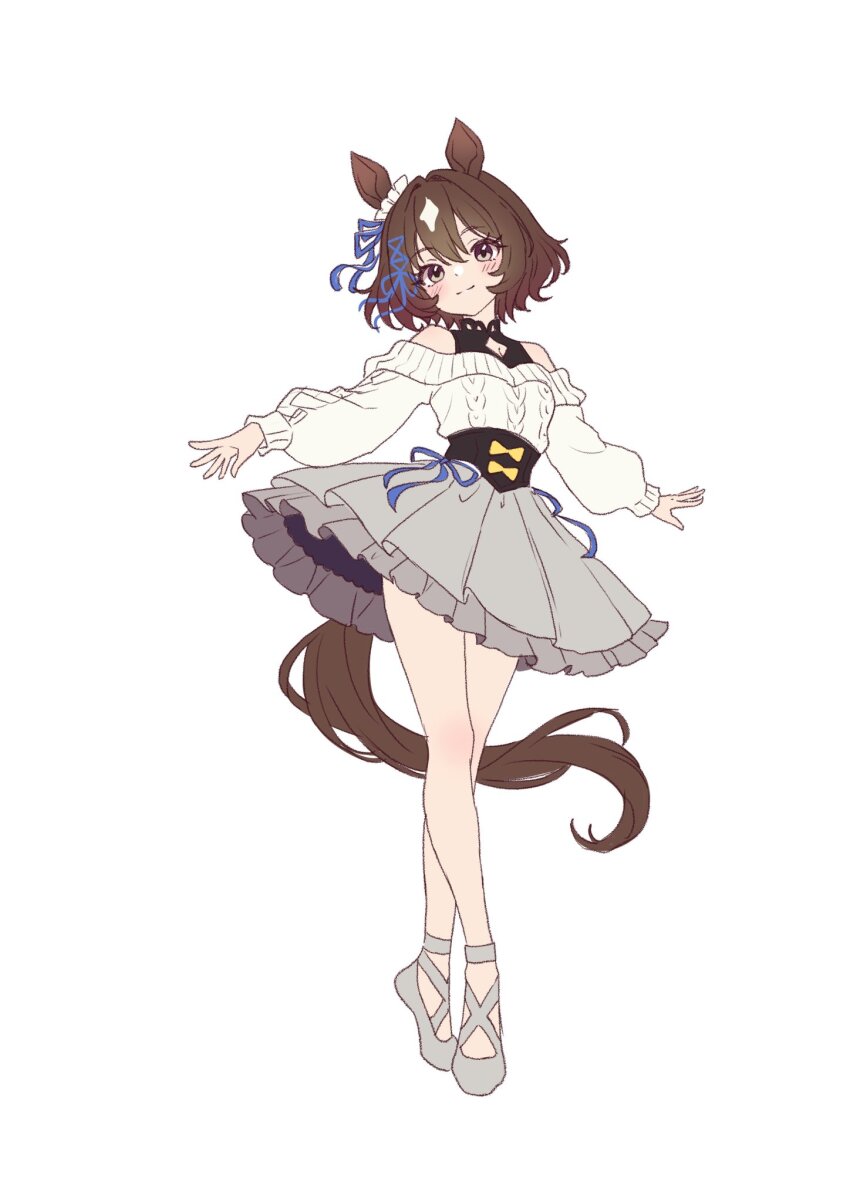 1girl animal_ears ballet_slippers bare_shoulders bin_ze_u black_corset blue_ribbon blush bow breasts brown_hair closed_mouth commentary_request corset ear_scrunchie full_body grey_eyes grey_skirt hair_between_eyes hair_ribbon highres horse_ears horse_girl horse_tail korean_commentary long_sleeves multicolored_hair off-shoulder_shirt off_shoulder original ribbon scrunchie shirt simple_background skirt smile solo tail umamusume white_background white_hair white_shirt yellow_bow