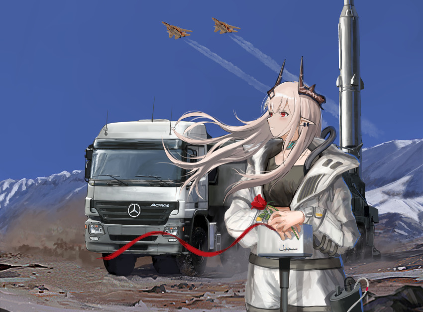 1girl absurdres aircraft airplane arknights ballistic_missile black_bra blue_sky bra closed_mouth commentary_request f-14 f-14_tomcat fighter_jet flower hair_ornament highres holding holding_flower horns iran jumpsuit long_hair looking_at_viewer looking_up material_growth mercedes-benz mercedes-benz_actros military military_vehicle missile missile_vehicle motor_vehicle mountain mudrock_(arknights) oripathy_lesion_(arknights) outdoors pointy_ears radio_antenna red_eyes red_ribbon ribbon rose sejjil semi_truck silver_hair sky snow solo sports_bra standing trailer transporter_erector_launcher truck underwear white_jumpsuit yukikaze_supersylph