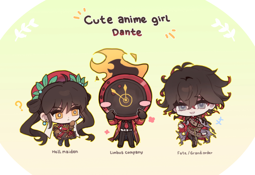 1boy 1girl 1other beret black_hair black_pants black_shirt brown_gloves brown_hair clock coat commentary dante_(limbus_company) dante_alighieri_(fate) dante_alighieri_(hell_maiden) dante_alighieri_(second_ascension)_(fate) dress english_commentary fate/grand_order fate_(series) fingersmile fire flaming_head full_body gloves grey_eyes hair_rings hands_up hat hell_maiden highres laurel_crown limbus_company long_hair necktie object_head open_mouth pants parted_lips pointing pointing_at_self project_moon red_coat red_dress red_hat red_necktie schw3iss_b shirt simple_background smile twintails very_long_hair white_background yellow_eyes