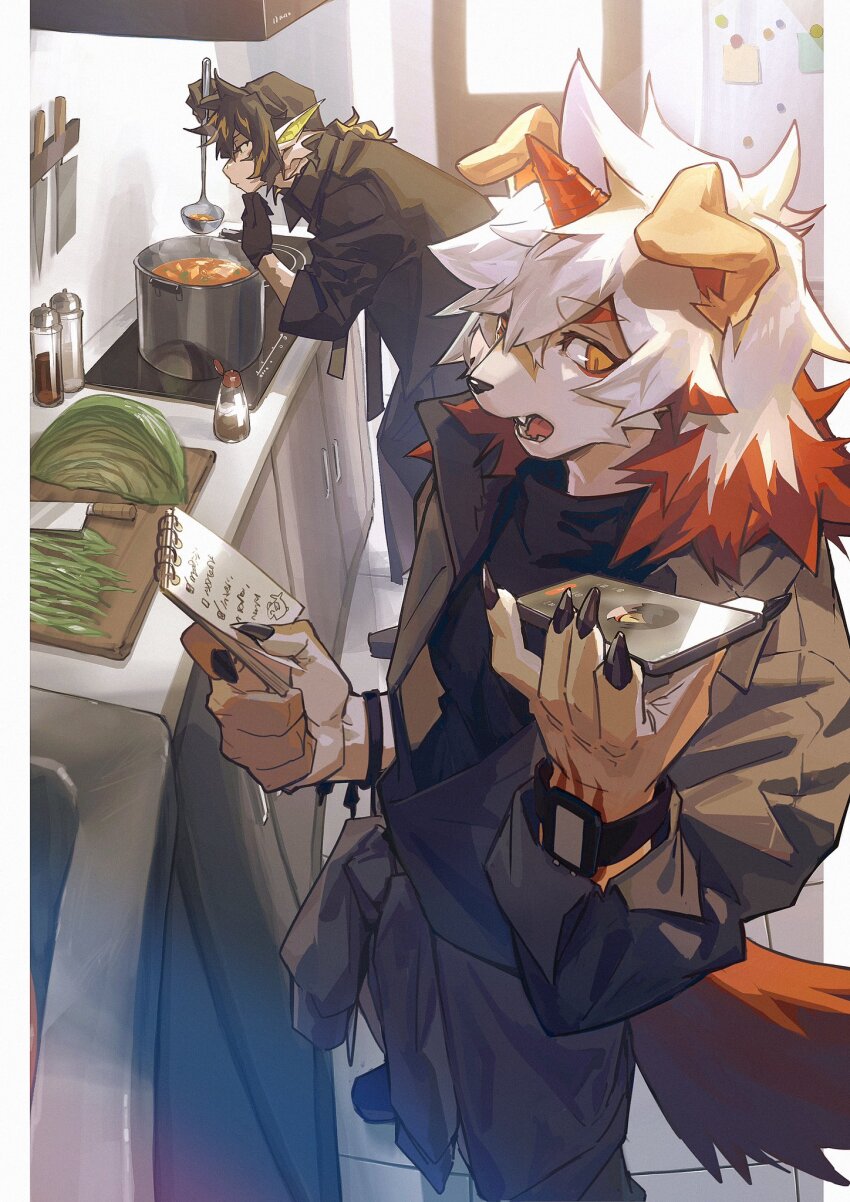 2boys arknights bara cabbage chinese_commentary cooking counter cutting_board dragon_boy furry furry_male furry_with_furry highres holding holding_ladle holding_notepad horns hung_(arknights) kitchen knife ladle lee_(arknights) looking_at_phone multiple_boys mythological_creature notepad phone refrigerator single_horn sink talking_on_phone watch wristwatch xiao_(creation0528)