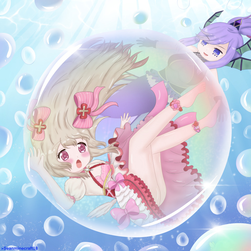 2girls ass barefoot blonde_hair blush chaos_marie_(grimms_notes) chaos_siren_(grimms_notes) full_body grimms_notes in_bubble long_hair mermaid monster_girl multiple_girls open_mouth ponytail seanminecraft18 soap_bubbles thighs underwater