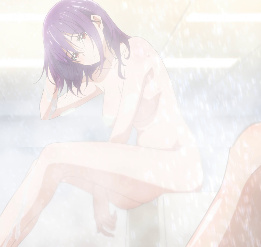 1girl absurdres anime_screenshot aoba_yuzuki ass breasts censored_nipples collarbone completely_nude convenient_censoring highres large_breasts looking_at_viewer medium_hair navel nude purple_hair red_eyes sidelocks sitting soap soap_bubbles soap_censor stitched stomach temple_(series) thighs third-party_edit water wet