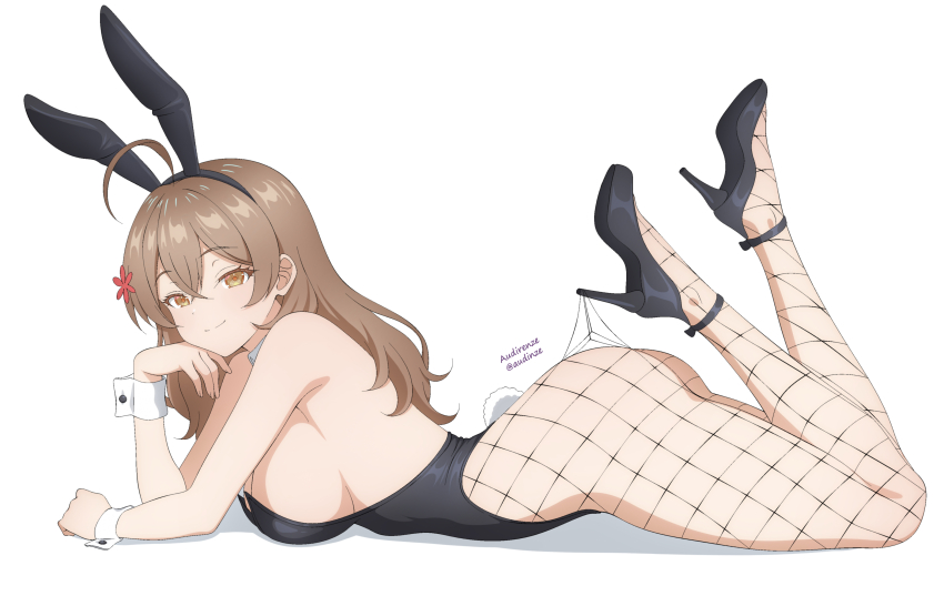1girl absurdres ahoge animal_ear_hairband animal_ears ass audirenze black_leotard breasts brown_eyes brown_hair commentary_request fake_animal_ears fishnet_pantyhose fishnets flower full_body hair_flower hair_ornament hairband high_heels highres lace_pantyhose_hooked_on_heel_(meme) large_breasts leotard looking_at_viewer lying mariya_mikhailovna_kujou meme on_stomach pantyhose playboy_bunny rabbit_ear_hairband rabbit_ears simple_background solo tokidoki_bosotto_roshia-go_de_dereru_tonari_no_alya-san white_background wrist_cuffs