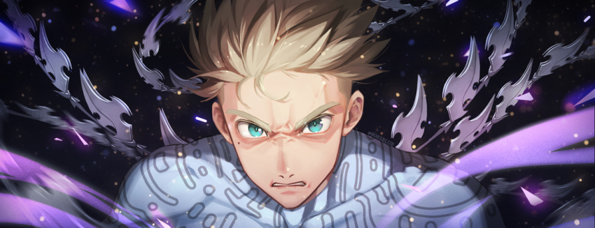 1boy 8083_blue angry black_background blonde_hair bodysuit collarbone commentary_request furrowed_brow green_eyes grey_bodysuit grimace looking_at_viewer magic male_focus millions_knives mole mole_under_eye short_hair trigun trigun_stampede undercut upper_body v-shaped_eyebrows