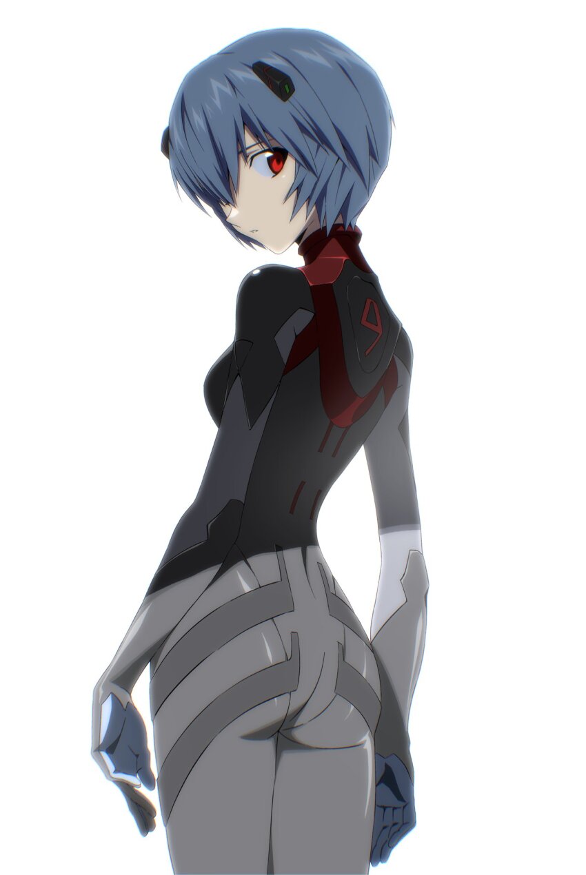 1girl ass ayanami_rei black_bodysuit blue_hair bodysuit breasts evangelion:_3.0_you_can_(not)_redo expressionless from_behind headgear highres interface_headset_(evangelion) looking_at_viewer looking_back mecha_pilot_suit miko_heb neon_genesis_evangelion plugsuit_(evangelion) rebuild_of_evangelion red_eyes short_hair simple_background small_breasts solo white_background