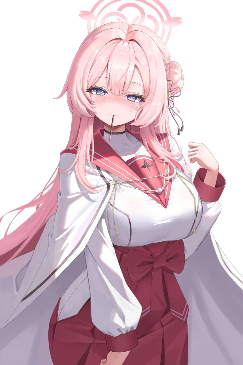 1girl absurdres black_trim blue_archive blue_eyes blush bow braid breasts bun_with_braided_base cape chihaya_(clothing) closed_mouth commentary covered_collarbone double-parted_bangs food food_in_mouth hair_between_eyes hair_bun hair_intakes hair_ornament hakama hakama_short_skirt hakama_skirt halo hand_up highres japanese_clothes large_breasts light_particles light_smile long_hair long_sleeves looking_at_viewer miko mimori_(blue_archive) mouth_hold pink_hair pink_halo pink_pupils pocky pocky_in_mouth red_bow red_sailor_collar red_skirt sailor_collar school_uniform serafuku sidelocks simple_background single_hair_bun single_side_bun single_sleeve_past_wrist sisong skirt solo sweatdrop symbol-only_commentary tassel tassel_hair_ornament very_long_hair waist_bow white_background white_cape white_trim