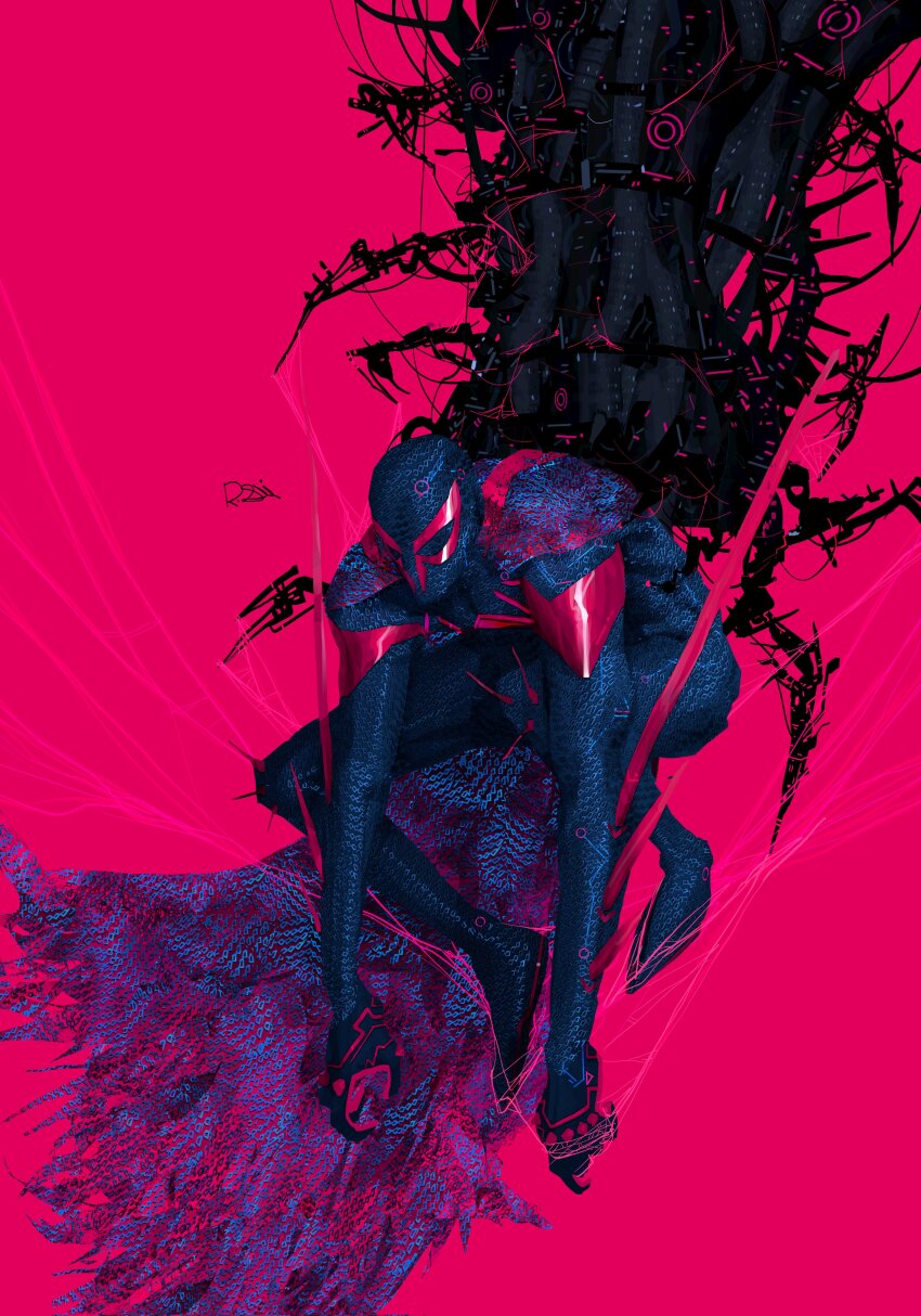 1boy absurdres bodysuit commentary english_commentary full_body highres male_focus marvel mechanical_tentacles pink_background rxzarx science_fiction signature silk solo spider-man:_across_the_spider-verse spider-man_(2099) spider-man_(series) spider-verse spider_web toned toned_male