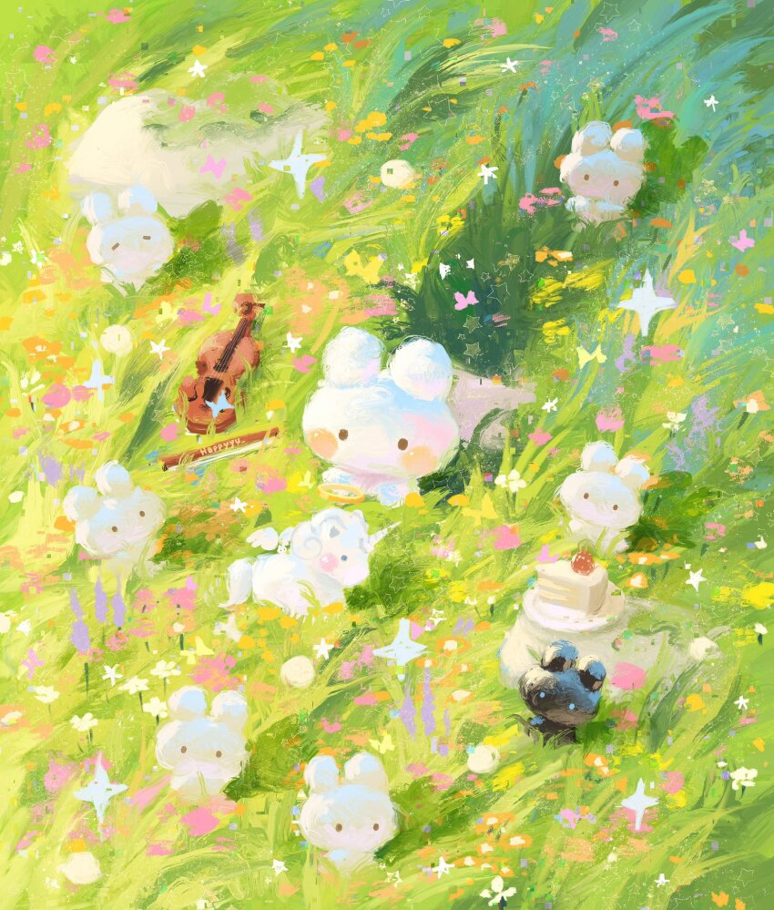 bow_(music) cake cake_slice commentary creature creature_focus day flower food fruit grass gummy_(happyyu) highres instrument no_humans original outdoors pink_flower strawberry symbol-only_commentary violin