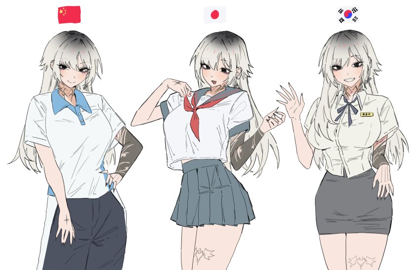 1girl :d absurdres arm_tattoo black_eyes black_pants black_ribbon black_skirt blue_sailor_collar blue_skirt breasts chinese_school_uniform collared_shirt gradient_background grey_hair highres japanese_flag jyuri_(shouz) large_breasts leg_tattoo looking_at_viewer multiple_views neck_ribbon neckerchief open_mouth original pants pencil_skirt people's_republic_of_china_flag pleated_skirt red_neckerchief ribbon sailor_collar school_uniform serafuku shirt short_sleeves shouz simple_background skirt smile south_korean_flag tattoo teeth white_background white_shirt winged_heart winged_heart_tattoo