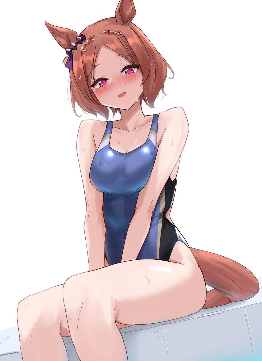 1girl absurdres alternate_costume animal_ears bare_arms blue_one-piece_swimsuit blush breasts brown_hair brown_tail collarbone commentary_request competition_swimsuit ear_ornament flower-shaped_pupils gryebooks highres horse_ears horse_girl horse_tail laurel_crown looking_at_viewer medium_breasts one-piece_swimsuit open_mouth pink_eyes sakura_laurel_(umamusume) short_hair simple_background sitting smile solo swimsuit symbol-shaped_pupils tail thighs umamusume v_arms white_background