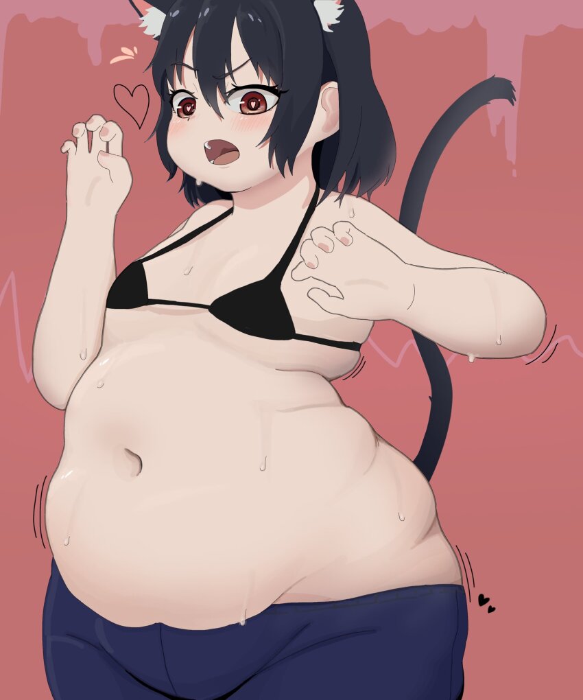 1girl animal_ear_fluff animal_ears belly black_bra black_hair blue_pants blush bra breasts cat_ears cat_tail claw_pose denim doria_(5jiz007hug29791) fat fat_woman hair_between_eyes heart heart-shaped_pupils jeans lowleg lowleg_pants open_mouth original pants pink_background plump red_eyes short_hair small_breasts solo standing symbol-shaped_pupils tail underwear wide_hips