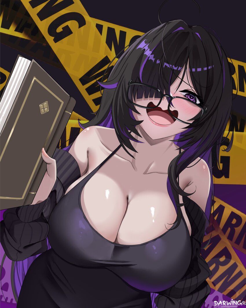 1girl black-framed_eyewear black_cardigan black_dress black_hair blush book breasts cardigan caution_tape cleavage colored_inner_hair commentary darwing456 dress english_commentary glasses goddess_of_victory:_nikke hair_over_one_eye highres holding holding_book label_(nikke) large_breasts long_hair looking_at_viewer mojyo multicolored_hair open_mouth purple_eyes purple_hair purple_streaks solo two-tone_hair wavy_mouth