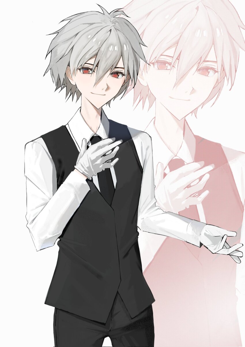 1boy alternate_costume black_necktie black_pants collared_shirt commentary_request gloves grey_hair hand_on_own_chest highres kuhuku36 light_smile long_sleeves male_focus nagisa_kaworu necktie neon_genesis_evangelion pants red_eyes shirt short_hair simple_background solo vest waistcoat white_background white_gloves white_shirt zoom_layer