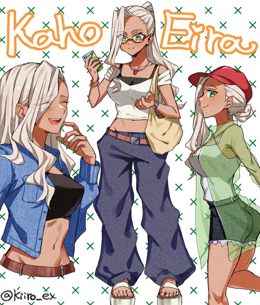 1girl :d ^_^ alternate_costume alternate_hairstyle ass bag bare_arms baseball_cap belt black-framed_eyewear black_pants black_shorts bracelet breasts brown_belt casual character_name closed_eyes commentary cropped_shirt cutoffs dark-skinned_female dark_skin earrings eyes_visible_through_hair female_focus full_body green_eyes green_nails grey_hair groin hair_bun hashtag-only_commentary hat highres hiiro_(kiiro_ex) holding holding_phone jacket jewelry kaho_eira kimi_no_koto_ga_dai_dai_dai_dai_daisuki_na_100-nin_no_kanojo long_hair medium_breasts midriff multiple_views nail_polish necklace open_clothes open_jacket open_mouth pants phone ponytail puffy_pants red_hat red_nails sandals semi-rimless_eyewear short_shorts shorts simple_background smile under-rim_eyewear watch white_background wristwatch