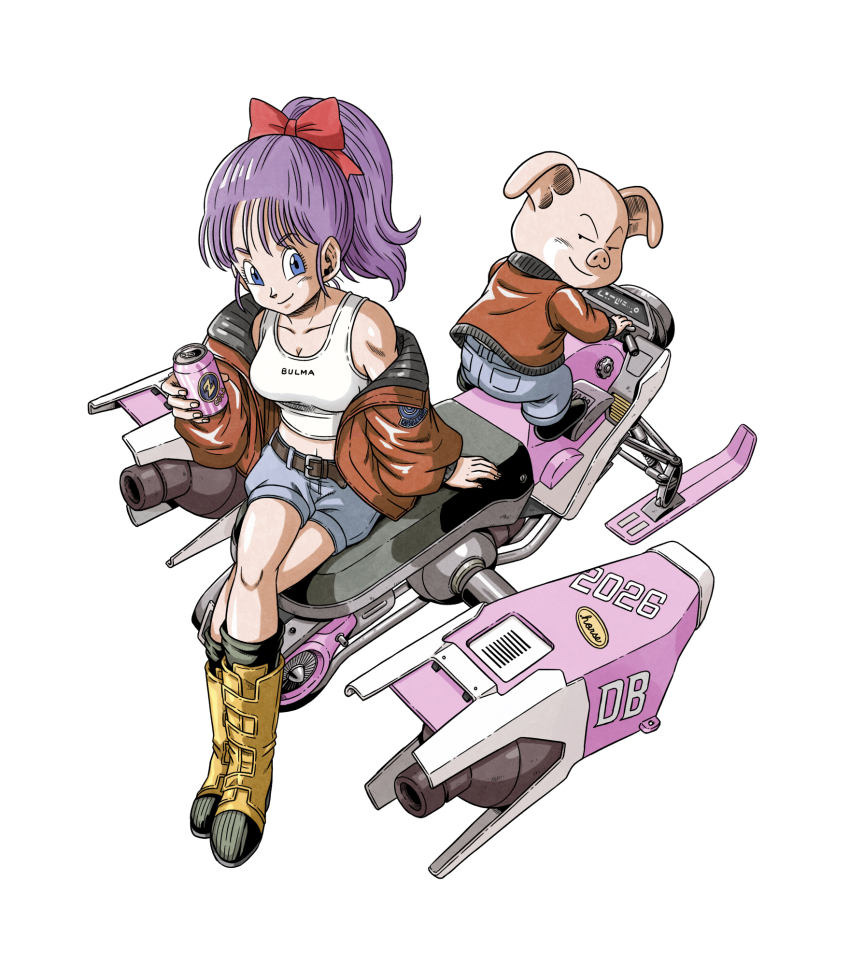 1boy 1girl 2026 belt black_socks blue_eyes blue_pants blue_shorts boots bow breasts brown_belt bulma can character_name cleavage colored_skin commentary_request crossed_legs dragon_ball dragon_ball_(classic) hair_bow highres holding holding_can jacket looking_to_the_side medium_breasts mikidai7 motor_vehicle navel oolong orange_jacket pants pig pig_boy pink_skin ponytail purple_hair red_bow seat_(vehicles) shorts sitting socks tank_top velcro_footwear white_background white_tank_top yellow_boots