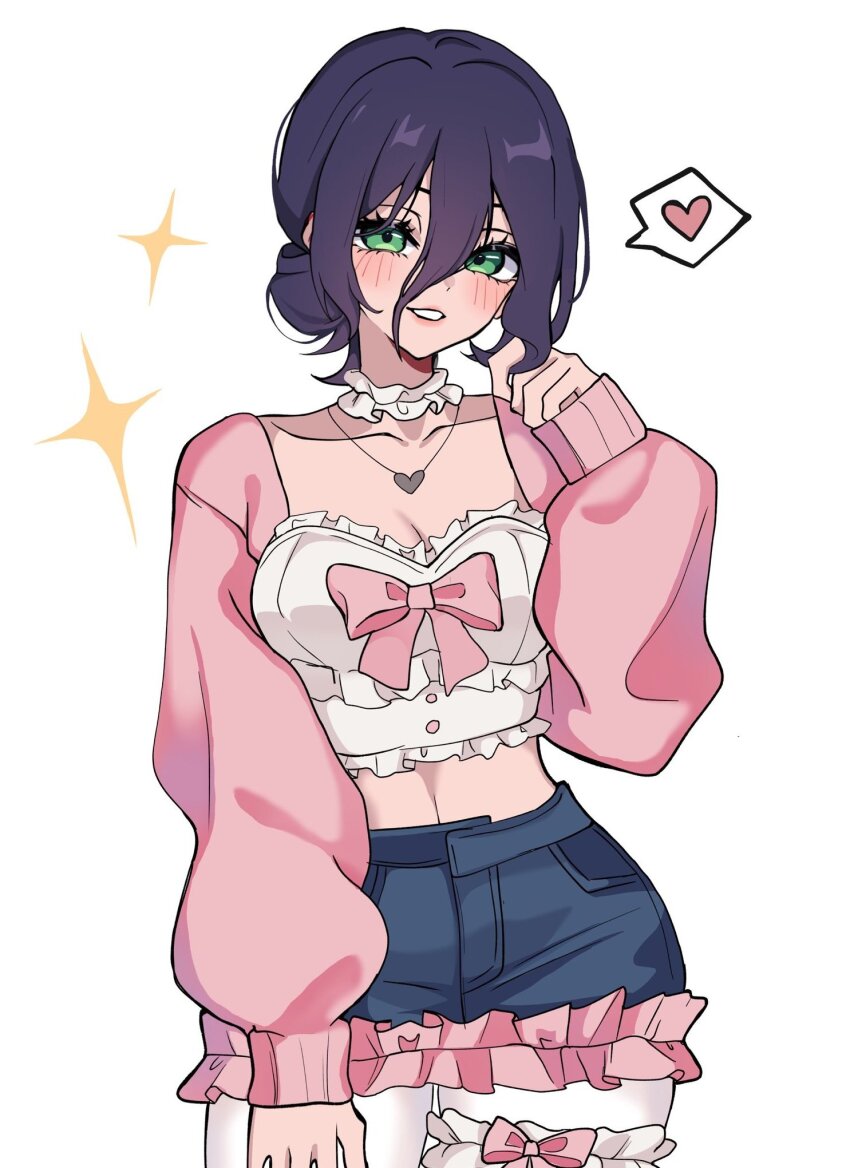 alternate_costume blue_skirt blush bow breasts chainsaw_man choker cleavage collarbone commentary cowboy_shot crop_top cropped_jacket denim denim_skirt english_commentary green_eyes hair_bun hand_in_own_hair heart heart_necklace highres jacket jewelry medium_breasts medium_hair midriff miovartz necklace pantyhose parted_lips pink_jacket purple_hair reze_(chainsaw_man) ribbon_choker shirt shirt_bow skirt smile sparkle spoken_heart strapless thigh_strap tube_top updo white_background white_choker white_pantyhose white_shirt