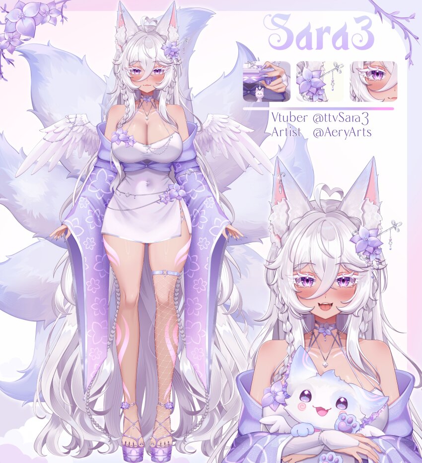1girl absurdres aeryarts ahoge animal animal_ear_fluff animal_ears braid breasts cleavage commentary controller covered_navel dress english_commentary feathered_wings floral_print_sleeves flower fox_ears fox_girl fox_tail game_controller hair_between_eyes hair_flower hair_ornament heart heart_ahoge highres holding holding_animal holding_controller holding_game_controller indie_virtual_youtuber jewelry kitsune multiple_tails nail_polish necklace official_art platform_sandals purple_eyes purple_flower purple_nails purple_sandals sandals sara3_(vtuber) tail tan toenail_polish toenails twitter_username virtual_youtuber white_dress white_hair white_wings wide_sleeves wings