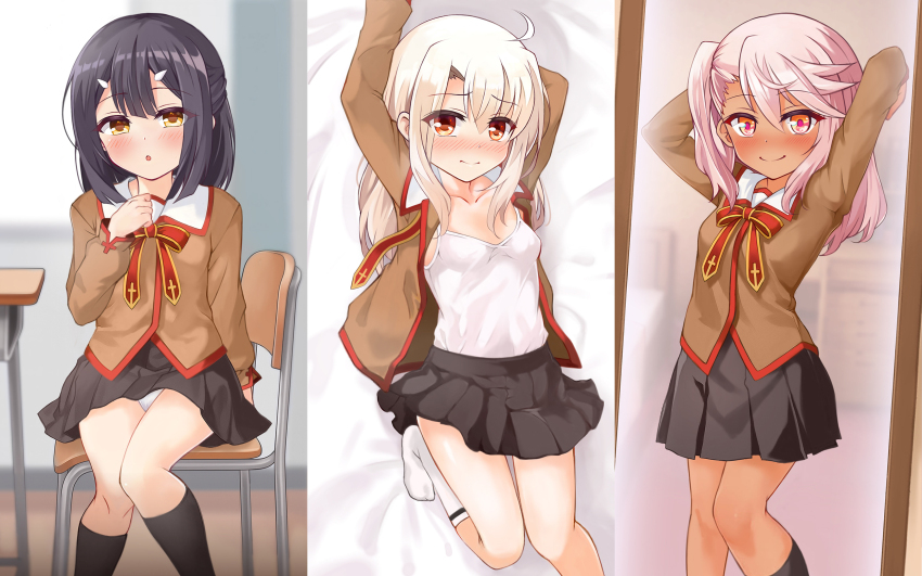 3girls black_hair blush breasts brown_eyes chloe_von_einzbern collage commentary_request dark-skinned_female dark_skin fate/kaleid_liner_prisma_illya fate_(series) hair_ornament hairclip highres homurabara_academy_school_uniform illyasviel_von_einzbern long_hair looking_at_viewer miyu_edelfelt mochi_(k620803n) multiple_girls orange_eyes pink_hair red_eyes school_uniform sidelocks small_breasts white_hair