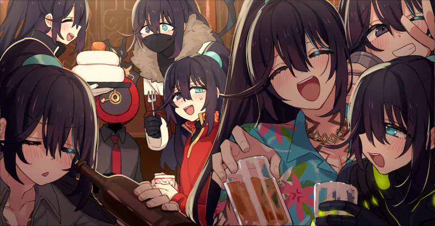 1other 6+boys armor beer_mug black_armor black_shirt blue_shirt blush bottle clock closed_eyes collared_shirt commentary_request cup dante_(limbus_company) dieci_association_south_uniform fire floral_print fork gold_trim grin half_updo hawaiian_shirt highres holding holding_bottle holding_cup holding_fork hong_lu_(project_moon) hook_office_(identity)_(project_moon) jacket jewelry k_corp._(identity)_(project_moon) kagami_mochi kurokumo_clan_(identity)_(project_moon) limbus_company liu_association_south_uniform looking_at_viewer mug multiple_boys multiple_persona necklace necktie object_head one_eye_closed project_moon red_jacket red_necktie shiki_(shikki46) shirt smile tingtang_gang_(identity)_(project_moon) v