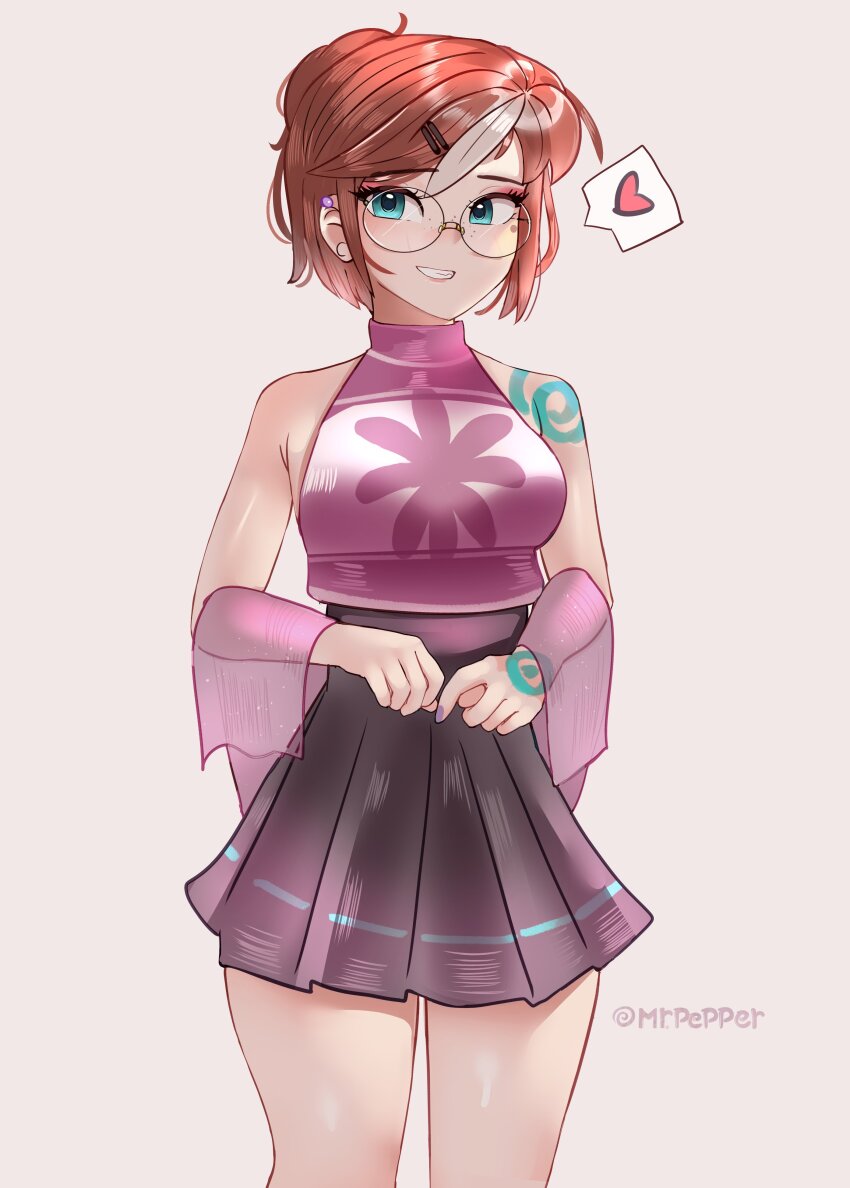 1girl absurdres aqua_eyes artist_name commentary english_commentary glasses grey_skirt halterneck heart highres looking_at_viewer multicolored_hair original peppitasart pink_shirt pleated_skirt red_hair round_eyewear shirt skirt sleeveless sleeveless_shirt smile solo speech_bubble spoken_heart standing streaked_hair two-tone_hair white_hair