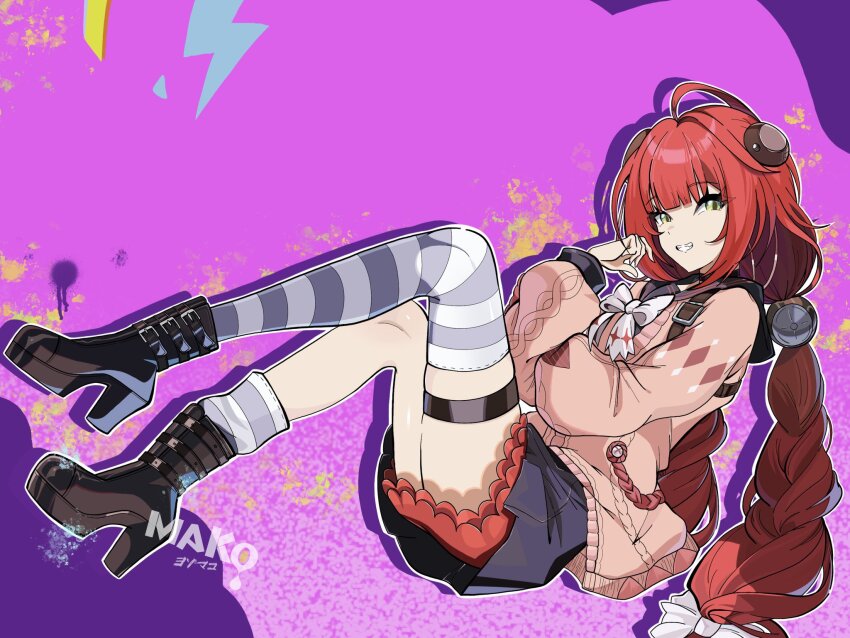 1girl ahoge asymmetrical_legwear bilingual_commentary black_boots black_skirt boots bow bowtie braid braided_twintails cardigan commentary english_commentary from_side full_body green_eyes grin hair_ornament hand_up high_heel_boots high_heels highres kurimako long_hair long_sleeves looking_at_viewer miniskirt mixed-language_commentary pink_cardigan purple_background purple_thighhighs red_hair single_sock single_thighhigh sitting skirt smile socks solo sphere_hair_ornament striped_clothes striped_socks striped_thighhighs thigh_strap thighhighs twin_braids ukinami_yuzuha white_bow white_bowtie zenless_zone_zero