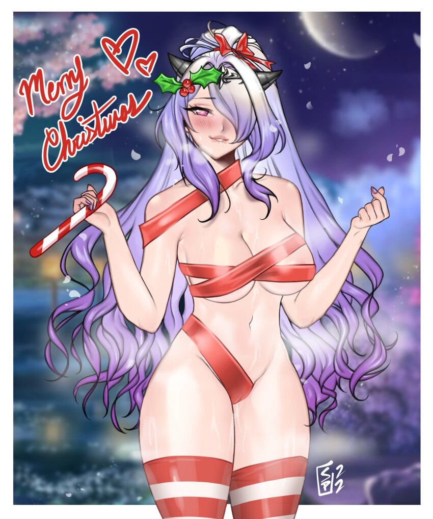 1girl biting_own_lip blush breasts cameltoe camilla_(fire_emblem) camilla_(ninja)_(fire_emblem) candy candy_cane cherry_blossoms cleavage cleft_of_venus fire_emblem fire_emblem_fates fire_emblem_heroes food functionally_nude hair_ornament heart heart-shaped_pupils large_breasts long_hair looking_at_viewer midriff mistletoe navel ninja nintendo outdoors ponytail purple_eyes purple_hair ribbon side_slit snazzypumpkin solo symbol-shaped_pupils thighhighs tiara wavy_hair