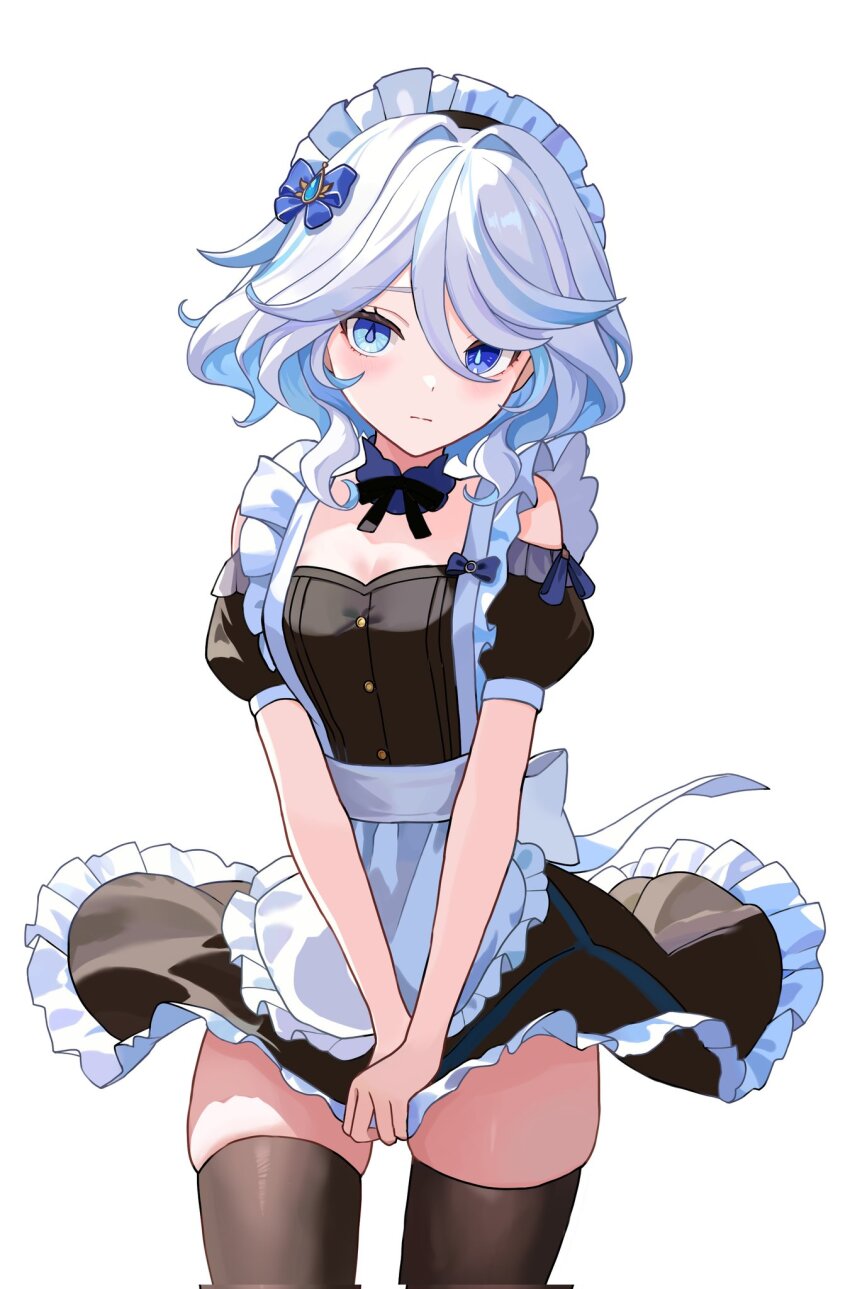 1girl alternate_costume apron black_dress black_thighhighs blue_bow blue_eyes blue_pupils blue_streaks blush bow closed_mouth commentary corrupted_twitter_file covering_crotch covering_privates dress dress_tug drop-shaped_pupils enmaided frilled_apron frilled_hairband frills furina_(genshin_impact) genshin_impact hair_between_eyes hair_bow hairband hashtag-only_commentary heterochromia highres jp4g6kfhb842057 looking_at_viewer maid maid_headdress medium_hair multicolored_hair solo streaked_hair symbol-shaped_pupils thighhighs white_apron white_hair white_hairband