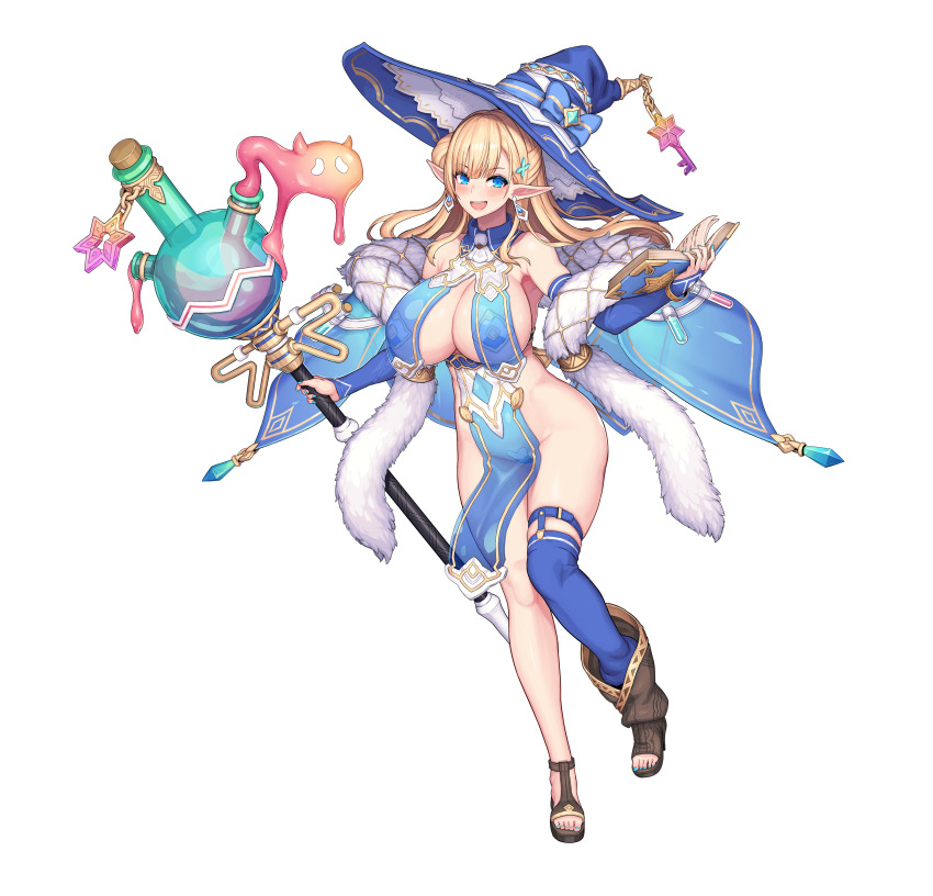 1girl absurdres alchemy armpits asymmetrical_hair asymmetrical_sidelocks bare_hips blonde_hair blue_dress blue_eyes blue_gloves blue_hat blue_ribbon blue_thighhighs blunt_bangs blush book boots breast_curtains breasts brown_boots chain clover_hair_ornament commentary_request copyright_name detached_collar dress earrings elbow_gloves elf_village english_text figure_available fingerless_gloves full_body fur_collar glass_bottle gloves gold_chain green_background hair_ornament hat highres holding holding_book holding_staff huge_breasts jewelry long_hair looking_at_viewer maebari merchandise_available milklinde_(elf_village) nidy official_art open_book open_mouth parted_bangs pasties pelvic_curtain pointy_ears revealing_clothes ribbon sandals second-party_source see-through_clothes sidelocks single_boot single_sandal single_sidelock single_thighhigh skindentation slime_(creature) slime_(substance) smile solo staff standing standing_on_one_leg teeth thigh_strap thighhighs transparent_background upper_body upper_teeth_only white_fur witch witch_hat