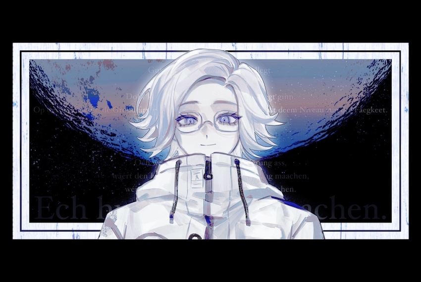 1boy aotsuki_eito black_border blue_eyes border coat eyelashes german_text glasses jacket looking_at_viewer male_focus moon portrait semi-rimless_eyewear short_hair smile solo space straight-on the_hundred_line_-last_defense_academy- usamisatori white_coat white_hair zipper zipper_pull_tab