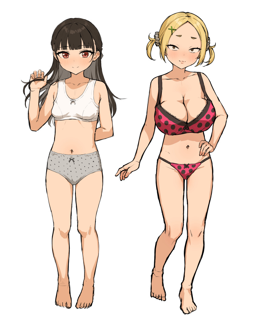 2girls arm_behind_back bad_tag bare_legs barefoot black_hair blonde_hair blunt_bangs blush bow bow_bra bow_panties bra breasts brown_eyes cleavage closed_mouth collarbone full_body hair_ornament hairclip hand_on_own_hip kono_(yuri_kotone_ero) large_breasts long_hair looking_at_viewer multiple_girls navel panties pink_bra polka_dot polka_dot_bra polka_dot_panties red_bra red_eyes red_panties short_twintails simple_background small_breasts smile standing takenoko_no_you twintails underwear underwear_only white_background white_bra white_panties x_hair_ornament