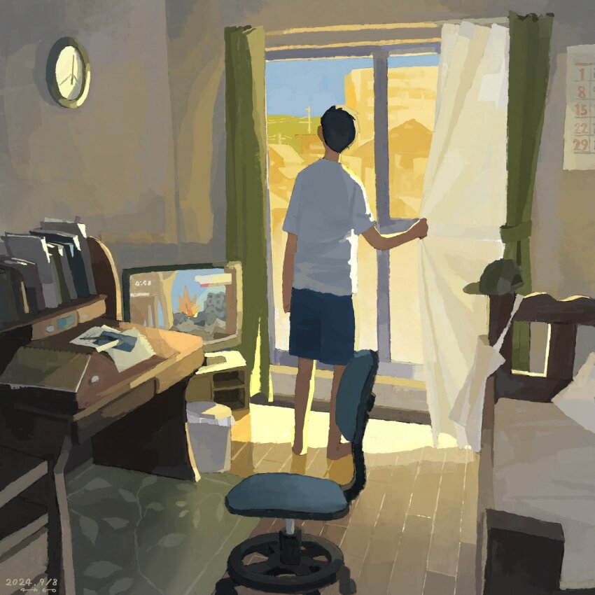 1boy analog_clock bed bedroom black_hair blue_shorts chair clock commentary_request curtains dated desk facing_away haragayowainja hat highres looking_outside male_focus office_chair original rug shirt short_hair short_sleeves shorts solo standing swivel_chair television unworn_hat unworn_headwear white_shirt window wooden_floor