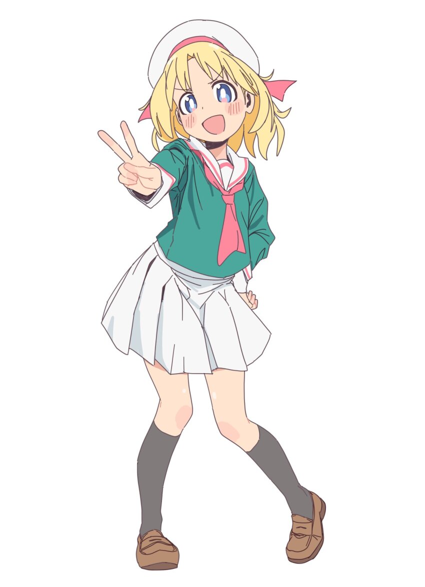 4uys :d beret black_socks blonde_hair blue_eyes blush_stickers commentary_request full_body game_center_shoujo_to_ibunka_kouryuu green_shirt hand_on_own_hip hat highres kneehighs lily_baker loafers long_sleeves miniskirt neckerchief open_mouth outstretched_arm pink_neckerchief pleated_skirt sailor_collar school_uniform serafuku shirt shoes short_hair simple_background skirt smile socks v v-shaped_eyebrows white_background white_hat white_sailor_collar white_skirt