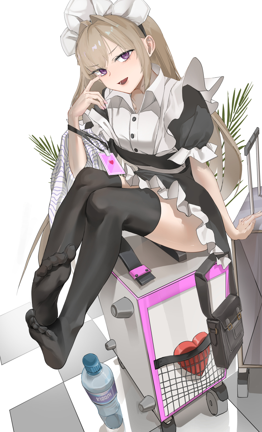 1girl absurdres black_thighhighs bottle brown_hair feet highres lanyard long_hair looking_at_viewer maid open_mouth original purple_eyes soles thighhighs toes water_bottle weeyi