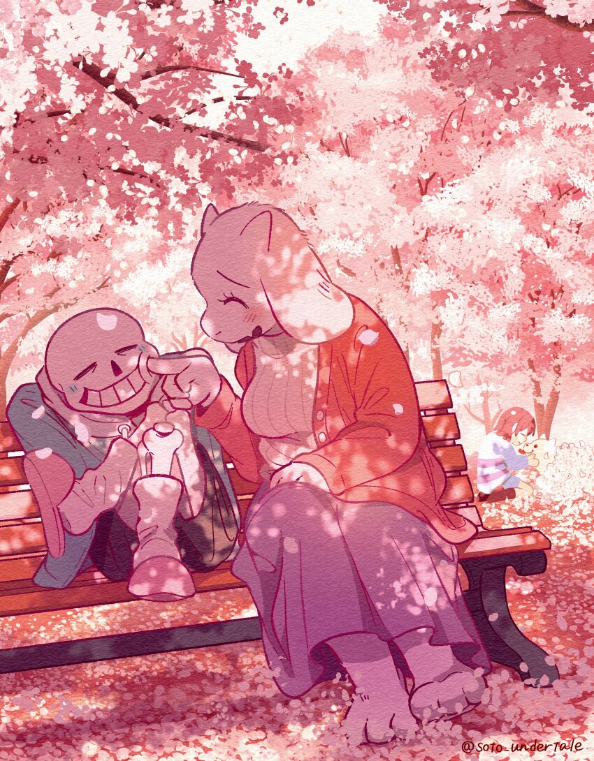1boy 1girl 1other absurdres bench black_shorts blue_jacket blush crossed_legs frisk_(undertale) furry furry_female grin highres horns jacket open_mouth parted_lips red_jacket sans_(undertale) shorts sitting skeleton smile soto_undertale teeth toriel tree undertale utdr_(toby_fox)
